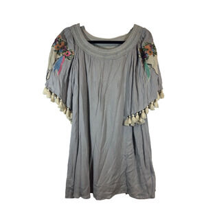 Judith March Womens S Tunic Top Dress Short Sleeve Embroidered Fringes Blue D17